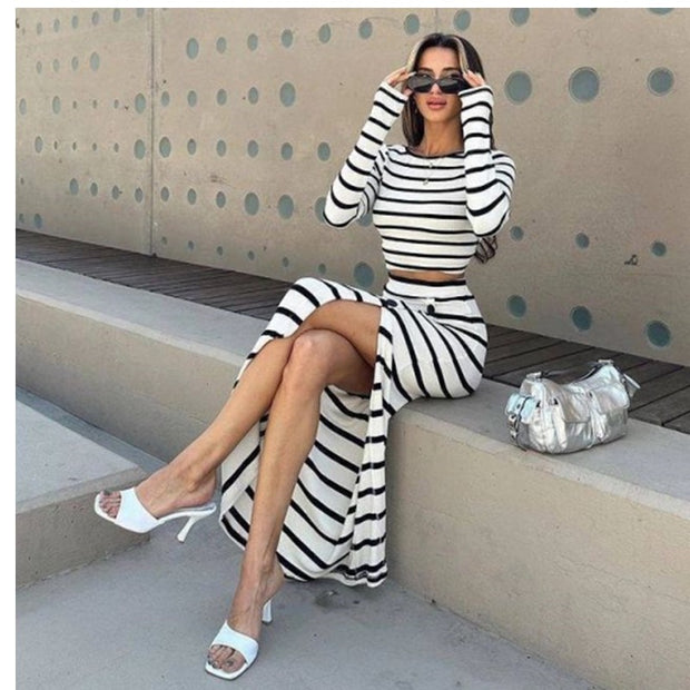 Fashionable classic black and white striped long sleeved short top button up skirt